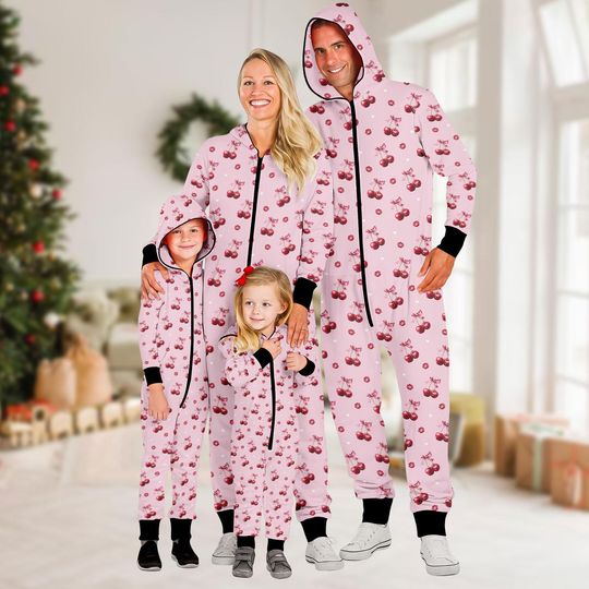Discover Cherry Family Jumpsuit, Hooded Onesie Pajamas, Pink Fleece Jumpsuit, Cherry One-piece Pajama, Family Onesie Set Gift