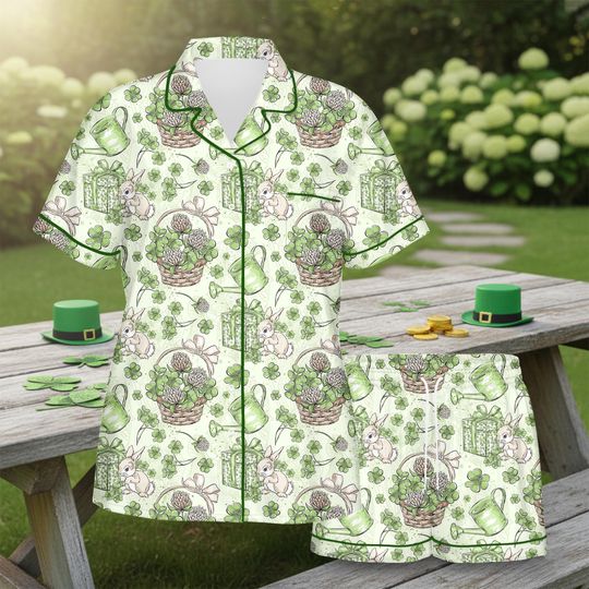 Discover St Patrick's Day Satin Pajama Set, Women's Loungewear, Easter Bunny Satin Pajama Shirt, Bunny Satin Pajama, Easter day Shirt