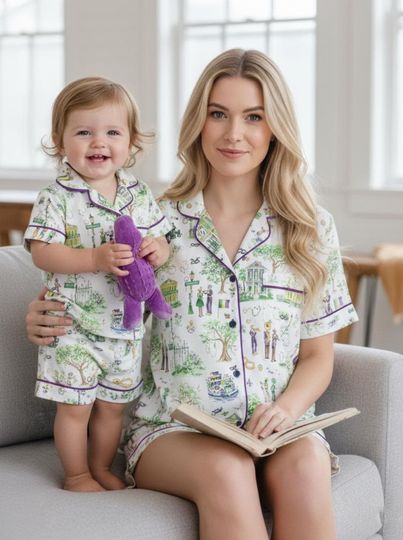 Discover Mardi Gras Satin Pajama Set for Family, New Orleans Pajamas Set, Satin Pajama Set For Women, Pajama shorts for her, Personalized Mardi Tee