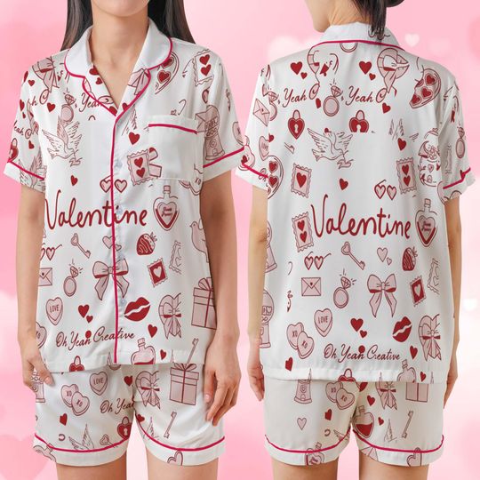 Valentine Print Pajama Set, Love Pattern Button-Up Sleepwear, Pajama Set For Men Women, Personalized Short Sleeve Family Pajama Set