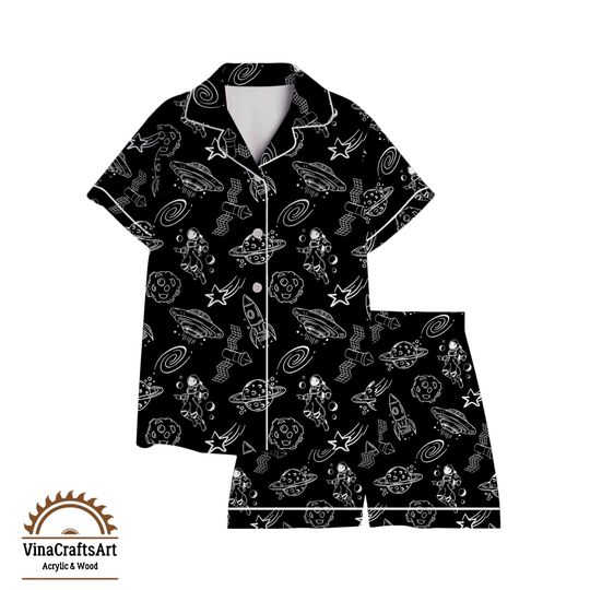 Astronaut Space City Pajama Set, Black Galaxy Short Sleeve Sleepwear, Fun Space Lover Loungewear Gift for Dreamers