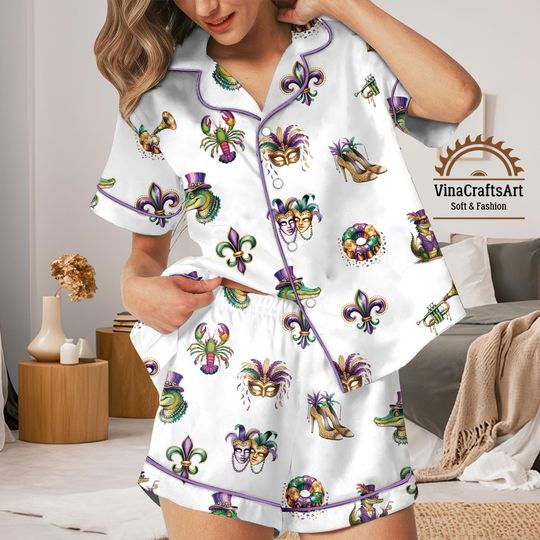 Discover Mardi Gras Pajamas Set, Festive Mask Fleur-de-Lis Loungewear, Carnival Season Pajamas Set, Parties & Gifting Pajamas Set