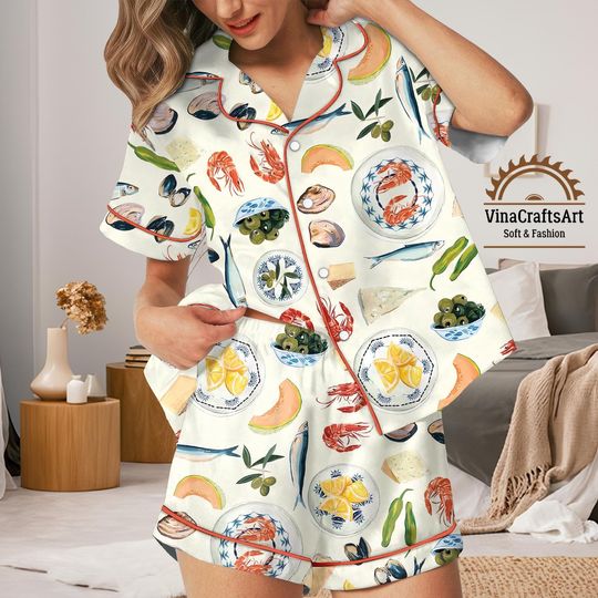 Discover Seafood Pajamas Set, Cute Food Art Sleepwear, Summer Pajamas Set, Cozy Lounge Set, Cute Chef Loungewear, Funky Foodie Gift