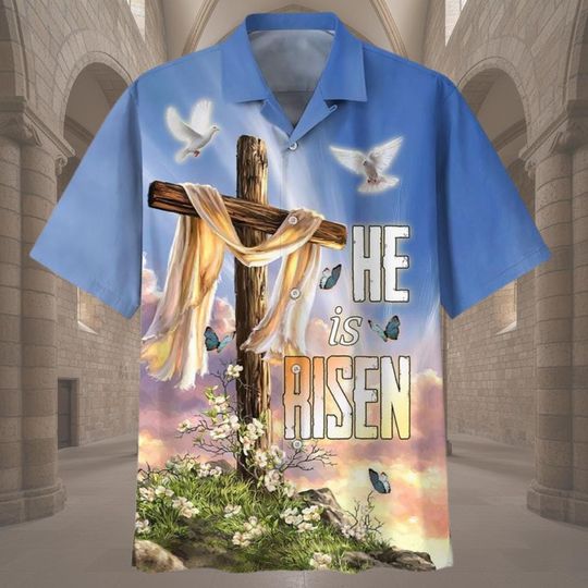 Discover He Is Risen Hawaiian Shirt, Easter Cross Dove Aloha Top, Jesus Resurrection Christian Gift for Men, Religious Church Outfit