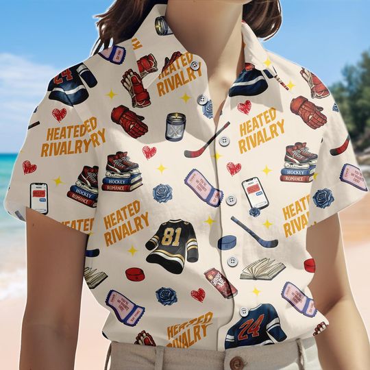 Discover Hockey Inspired Hawaiian Shirt or Casual Shorts, Heated Rivalry Sports Icon Print, Summer Button Up Shirt, Unisex Relaxed Fit