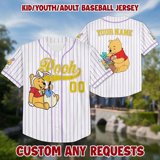 Discover Personalized Pooh Baseball Kid Adult Jersey, Winnie the Pooh Shirt, Easter Gift