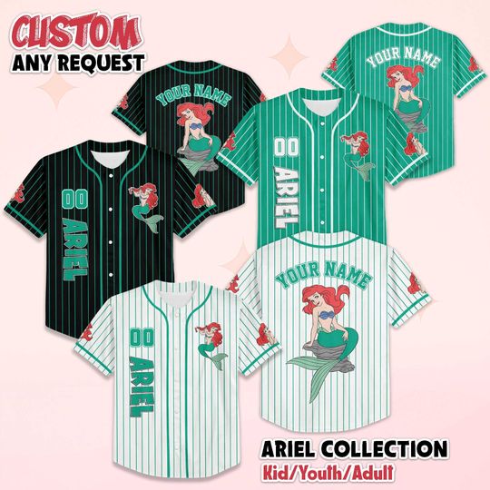 Discover Personalized Ariel Princess Baseball Jersey, Custom Disney Princess Baseball Shirt, Ariel Fan Gift, Matching Disney Trip Outfit