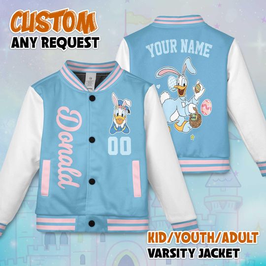Discover Personalized Donalds Easter Day Varsity Jacket, Disney Mickey Mouse Baseball Jacket, Donald Duck Kids Youth Adult Varsity Jacket