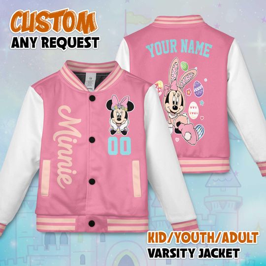 Discover Custom Minnies Easter Day Varsity Jacket, Disney Minnie Mouse Baseball Jacket, Minnie Mouse Kids Youth Adult Varsity Jacket