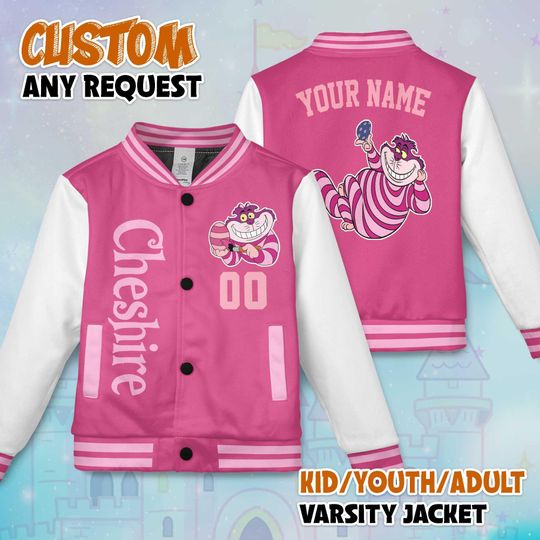 Custom Cheshire Cat Easter Day Varsity Jacket, Alice in Wonderland Baseball Jacket, Kids Youth Adult Varsity Jacket