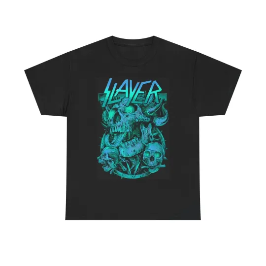 Discover Slayer Tshirt Rock Band Skull neon Graphic metal Unisex Heavy Cotton Tee vintage
