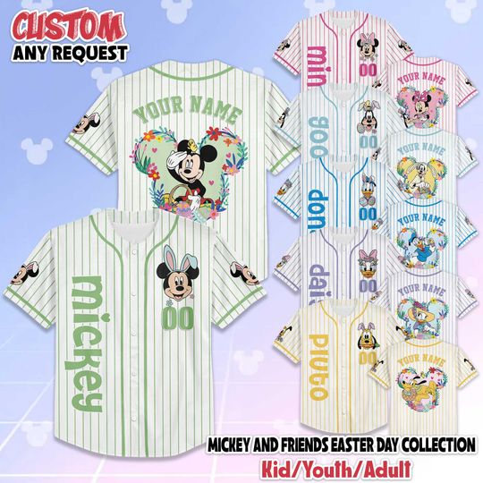 Discover Personalized Mickey and Friends Easter Day Baseball Jersey, Custom Disney Mickey and Friends Shirt, Disney Baseball Team Outfit