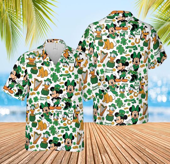 Discover Disney Mickey and Friends Signatures Happy St.Patricks Day Hawaiian Shirt, Family Patrick Day Trip Button Tee, Irish Shamrock Shirt