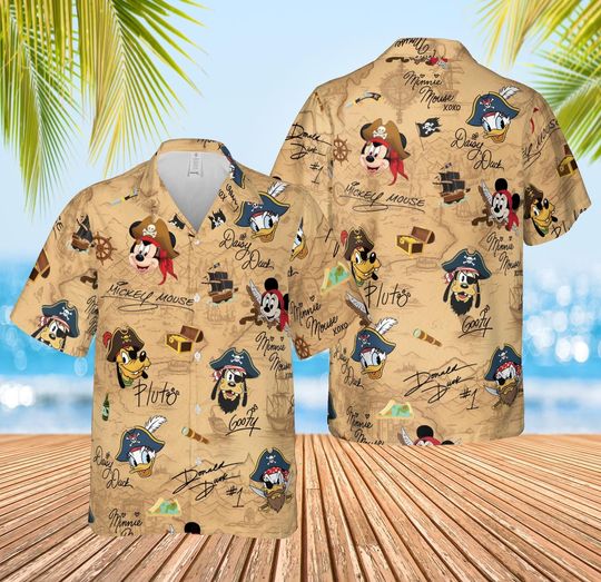 Discover Disney Pirate Mickey & Minnie Hawaiian Shirt, Minnie Goofy Donald Daisy Pluto Hawaii Shirt, Pirate Disney Cruise Trip Button Tee