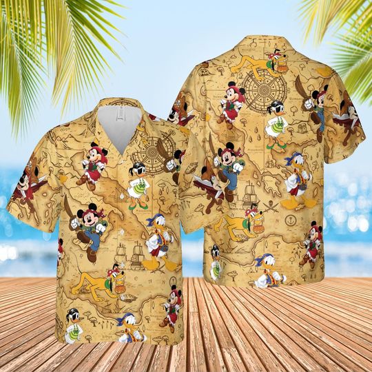 Discover Disney Pirate Mickey & Friends Signature Hawaiian Shirt, Minnie Goofy Donald Daisy Pluto Hawaii Shirt, Pirate Disney Cruise Trip Button Tee