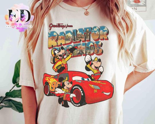 Discover Retro Greetings from Radiator Springs Mickey and Friends With Mc Queen T-shirt, Disney Pixar Fest 2026, Disneyland Cars Land Piston Cup Tee