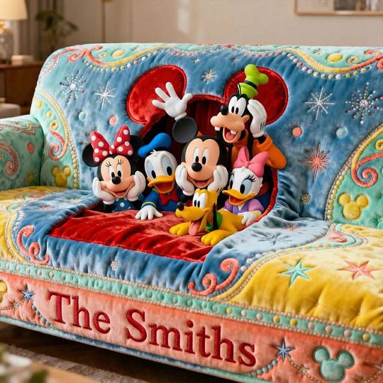 Personalized Family Quilted Sofa Cover with Mouse and Friends Cartoon Design