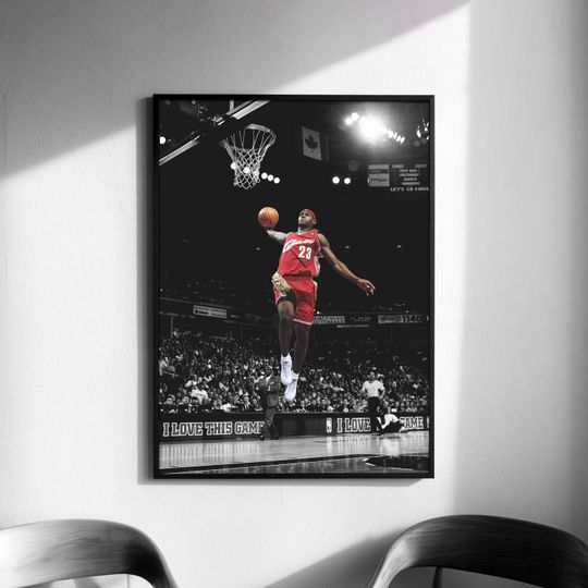 Discover King James in Red Dunk Poster, Wall Art Print, Basketball Poster, Sport Poster