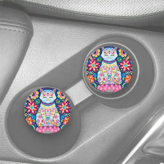 Discover FLORAL SUGAR SKULL KITTY CAT SANDSTONE CAR DRINK HOLDER COASTER 2pc SET ABSORBS