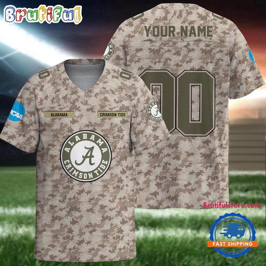 Discover NCAA Albm Crimson Tide Camo Veterans Personalized Football Jersey
