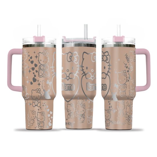 Personalized Hello Kitty Engraved 40 oz Tumbler with Handle, Water Bottle Stainless Steel Thermos, Coffee Cup Travel Car Camping, Large Water Bottle