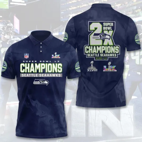 Discover Seattle Seahawk 2025 1Bowl LX Champions 3D Apparel Polo Shirt