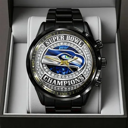 Discover Seahawks 2025 Bowl LX Champions Black Stainless Steel Watch