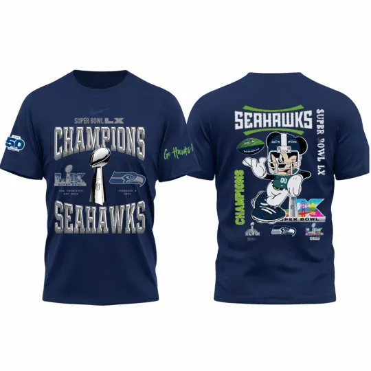 Discover Seattle Seahawks 2026 Super Bowl LX Champion - Navy, All Over Print Shirt