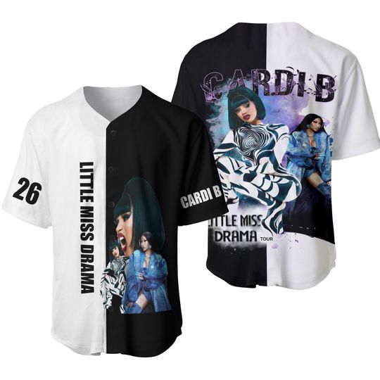 Cardi B baseball jersey Little Miss Drama Jersey Shirt | Custom Graphic Jersey | Split Black & White Button-Up | Glam Streetwear Outfit | St