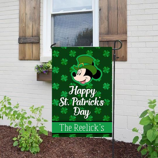 Discover Personalized Disney Happy St. Patrick's Day Garden Flag, Disney Lovers Yard Decor, Shamrock House Flag, Custom Family Name Mickey Yard Art