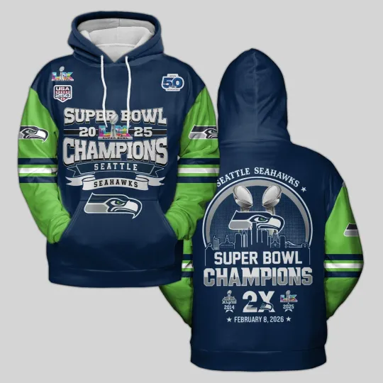 Discover Seattle Seahawks 2026 Super Bowl LX Champions All Over Hoodie
