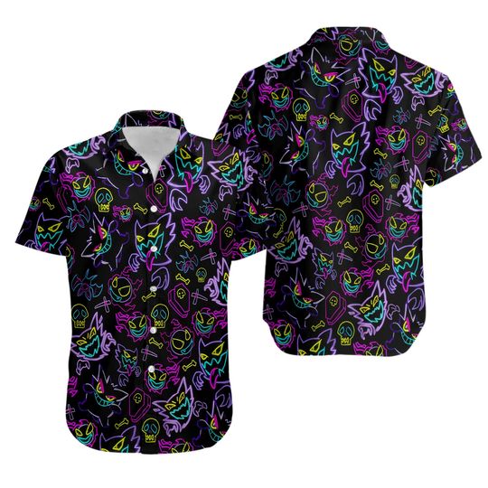 Gengar Hawaiian Shirt Tropical Button Up Shirt Summer Hawaiian Short Unisex Hawaii Set Neon Gengar Shirt Gifts
