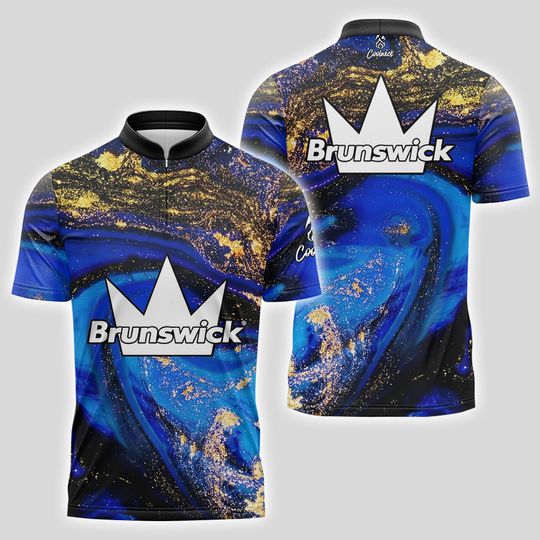 Brunswick Blue Gold Liquid Marble Quick Ship CoolWick Sash Zip Bowling Jersey
