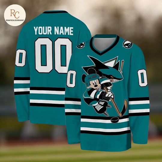 Discover Personalized Shark Hockey Jersey  Custom Mickey Mouse Ice Hockey Shirt for Men & Women, Fan-Inspired Sports Gift
