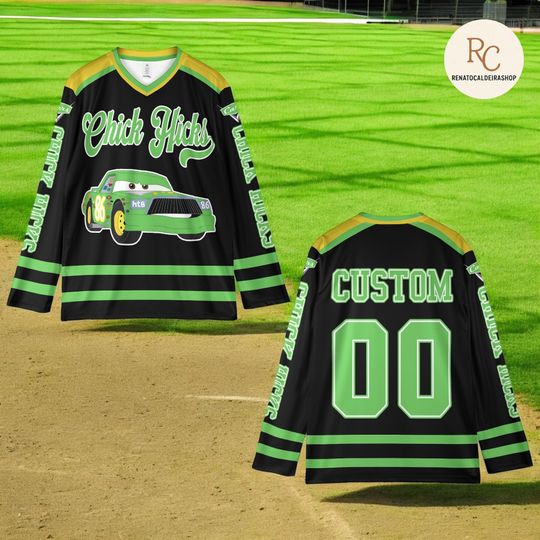 Personalized Chick Hicks Hockey Jersey, Custom Cars Movie Shirt, Pixar Racing Hockey Outfit, Green Car Fan Gift