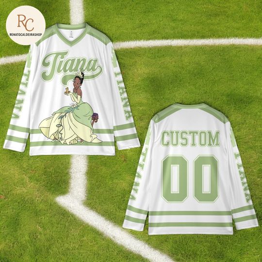 Discover Personalized Tiana Hockey Jersey, Custom Princess and the Frog Team Shirt, Green Disney Hockey Outfit, Princess Sports Fan Gift