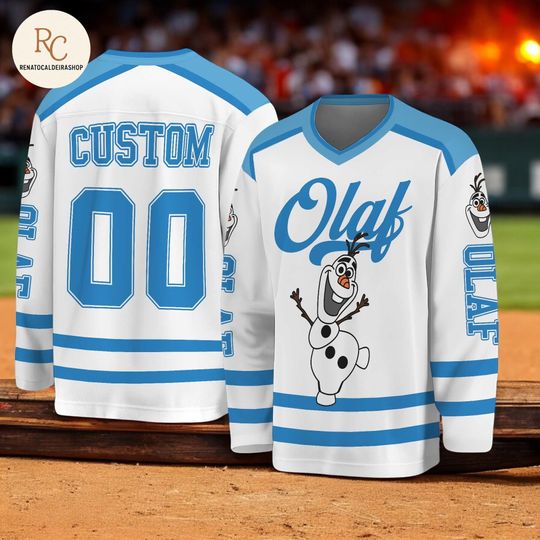 Discover Custom Olaf Hockey Jersey  Personalized Frozen Team Shirt, Disney-Inspired Hockey Outfit, Unique Gift for Fans & Hockey Lovers