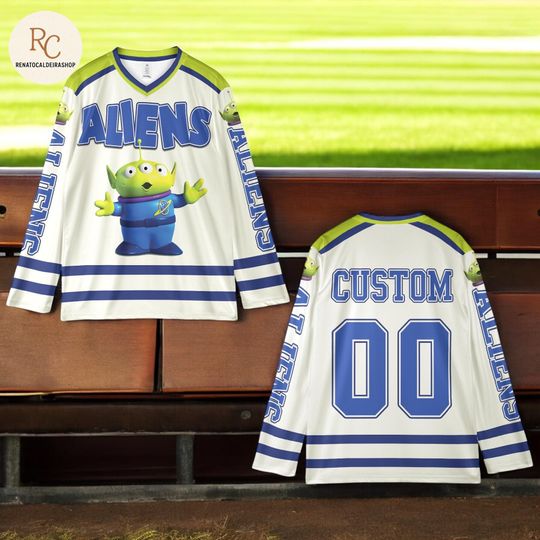 Discover Personalized Alien Hockey Jersey  Custom Toy Story Little Green Men Shirt, Disney Family Matching Outfit, Fun Fan Gift
