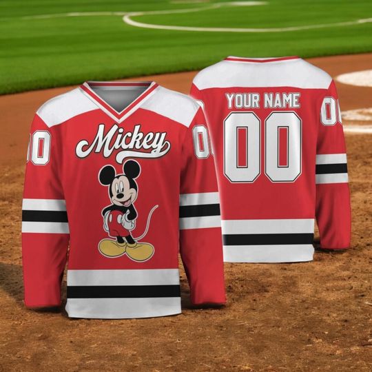 Discover Personalized Disney Mickey and Friends Mickey Hockey Jersey Red and Black, Custom Disneyland Hockey Jersey, Team Gift for Disney Fans