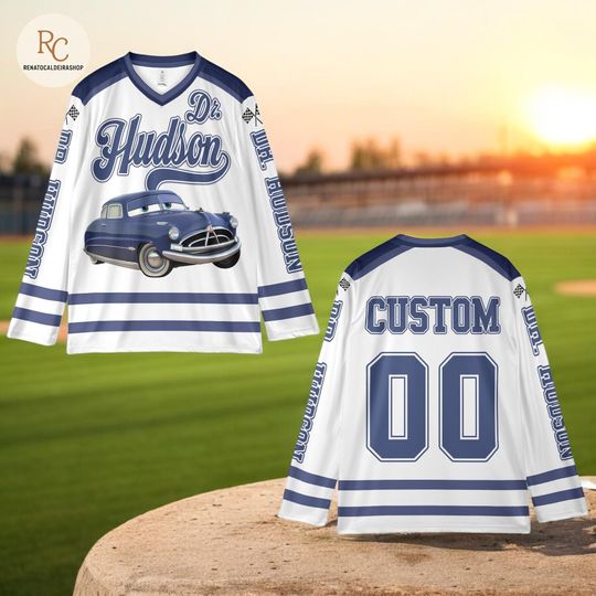 Personalized Doc Hudson Hockey Jersey, Cars Movie Character Hockey Shirt, Retro Cartoon Team Style, Family Matching Hockey Outfit