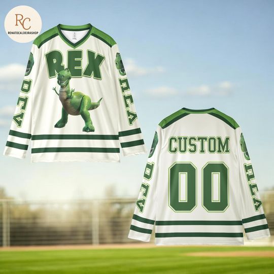 Discover Personalized Rex Hockey Jersey  Custom Toy Story Rex Shirt, Disney Sports Outfit, Matching Family Tee, Fun Gift for Fans
