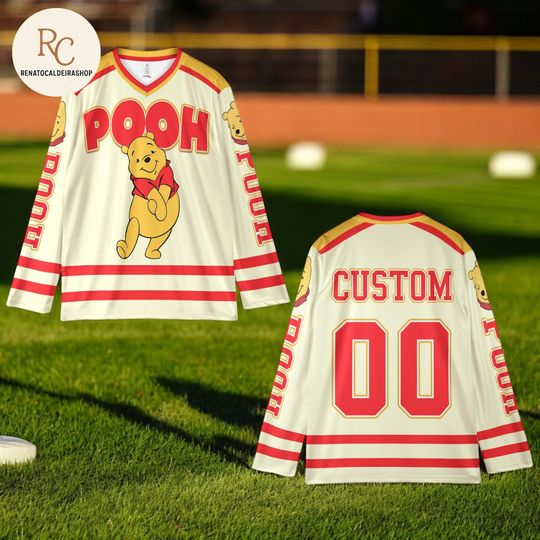 Discover Personalized Pooh Hockey Jersey, Custom Winnie the Pooh Team Shirt, Cartoon Hockey Outfit, Disneyland Vacation Tee, Unique Birthday Gift