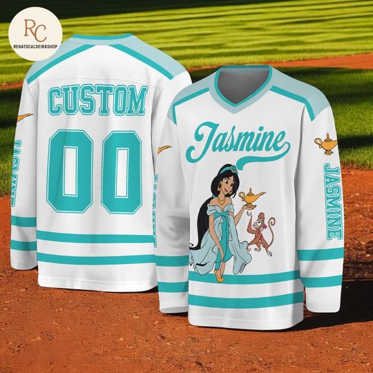 Discover Personalized Jasmine Hockey Jersey  Custom Disney Princess Shirt, Disneyland Team Outfit, Unique Gift for Disney Fans