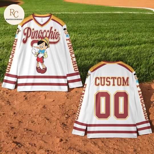 Discover Custom Pinocchio Hockey Jersey  Personalized Disney Pinocchio Shirt, Matching Family Hockey Outfit, Unique Gift for Disney Fans