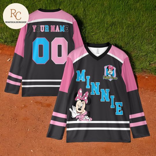 Discover Personalized Minnie Hockey Jersey, Custom Disney Team Shirt, Minnie Mouse Sports Outfit, Matching Family Jersey, Disney Fan Gift