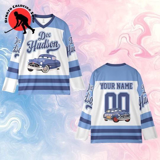 Custom Doc Hudson Hockey Jersey, Personalized Cars Movie Hockey Shirt, Fan Gift Outfit