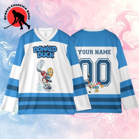 Discover Personalized Donald Duck Hockey Jersey, Custom Cartoon Character Sports Shirt, Fan Gift