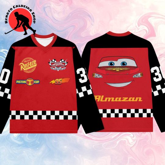 Custom Name Lightning McQueen Hockey Jersey, Personalized Racing Car Hockey Shirt, Fan Gift