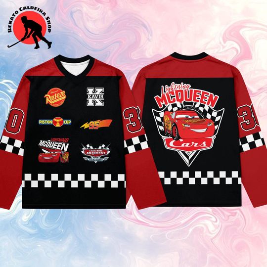 Custom Name Lightning McQueen Hockey Jersey, Personalized Cartoon Racing Hockey Shirt, Fan Gift