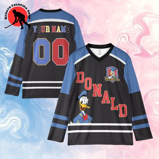 Discover Personalized Mickey & Friends Hockey Jersey, Donald Duck Blue Gold Team Outfit, Fan Gift